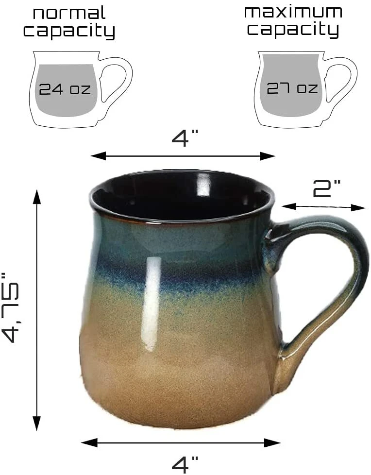 Large Pottery Coffee Mug 24 oz - Jumbo Tea Cup - 1 PCS (Blue to Tan)