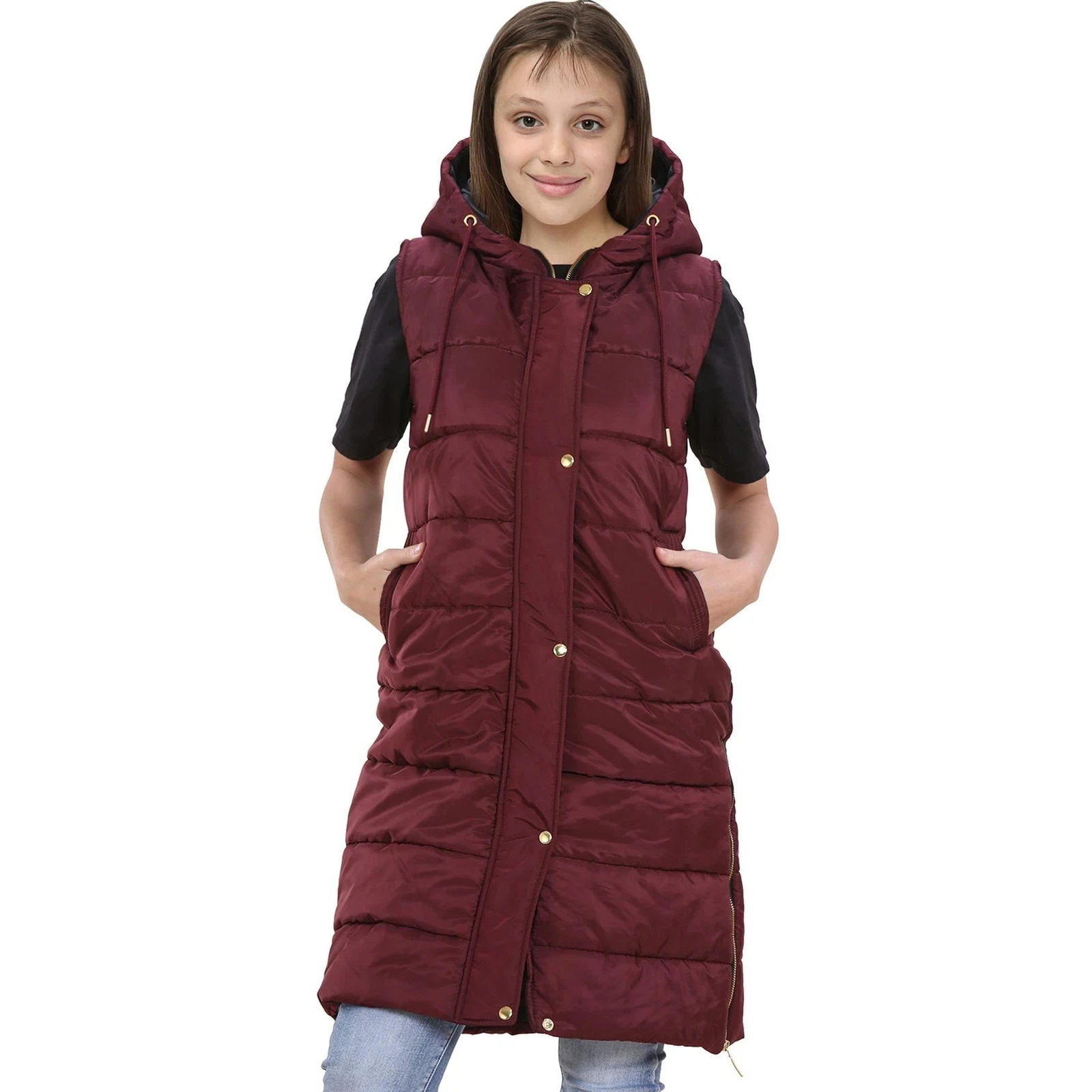 Kids Girls Oversized Wine Gilet Long Line Style Jacket Long Sleeveless Coat
