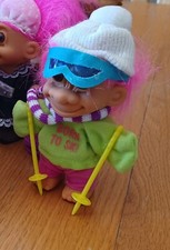 Vintage Russ Born To Ski Troll Doll 5 Pink Hair Poles Goggles Brn Eyes