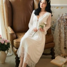 Lady V-neck Nightgown Lace Lolita Nightdress Long Sleeve Sleepwear Dress