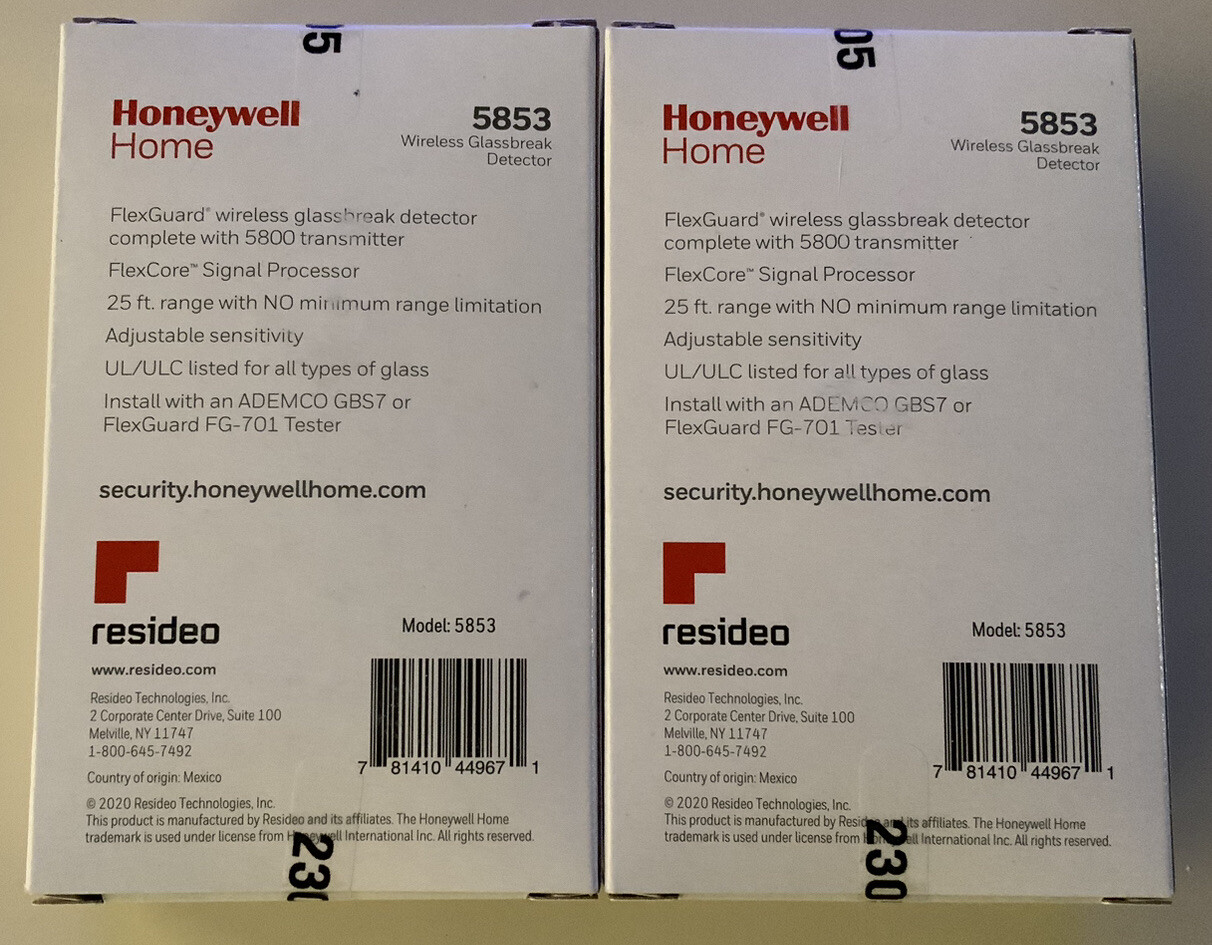 Resideo/Honeywell 5853 Wireless Glass Break Security Alarm Detector 2 Lot Sealed