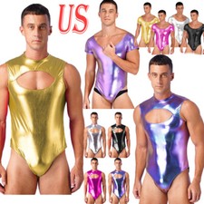 Men's Shiny One-piece Bodysuit Leotard Sparkle Mock Neck Jumpsuit Cutout Catsuit