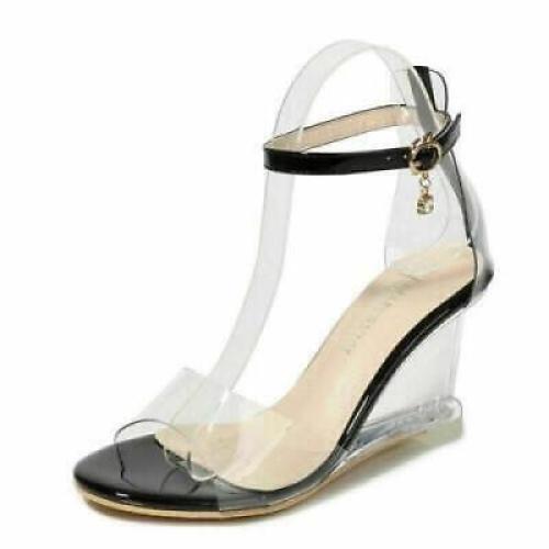 Sandalias transparentes transparentes para mujer cuña tacón alto correa al tobillo zapatos vestido de fiesta - Imagen 11 de 11