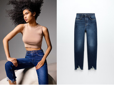 ZARA Women - BRAND NEW WITH TAG - Z1975 RIPPED HEM MOM FIT JEANS BLUE