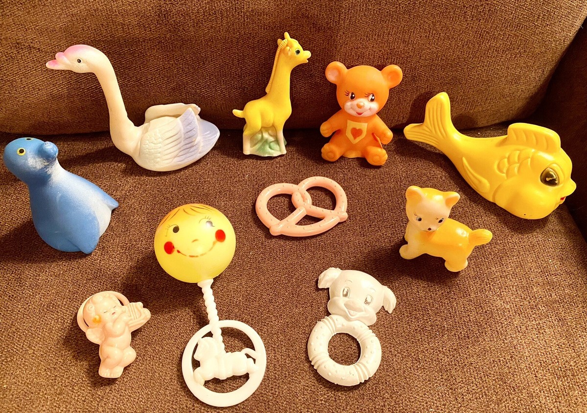 Vintage Lot of 1950s Baby Toys-Celluloid Rattles-Rubber Squeaky-Teething  Rings