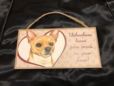 CHIHUAHUA LEAVE PAW PRINTS ON YOUR HEART DOG SIGN WOOD ROPE WALL HANGING 10x5