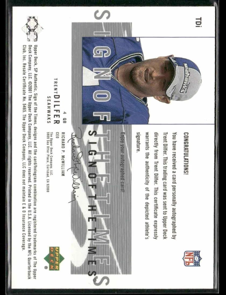 2001 SP Authentic #TDI Trent Dilfer Sign of the Times - Image 2 of 2