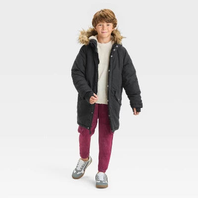 Boys' Heavyweight Solid Parka Jacket - Cat & Jack Black Onyx XS - Picture 2 of 2