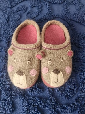Garnet Hill Kids Size 10 Owl Boiled Wool Mules Slippers Brown Pink Bear