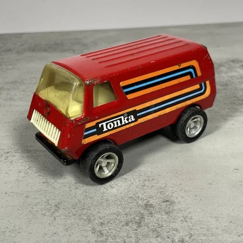 Vintage 1970's Tonka Red 5" Pressed Steel Van with Orange Blue Stripes USA 55450