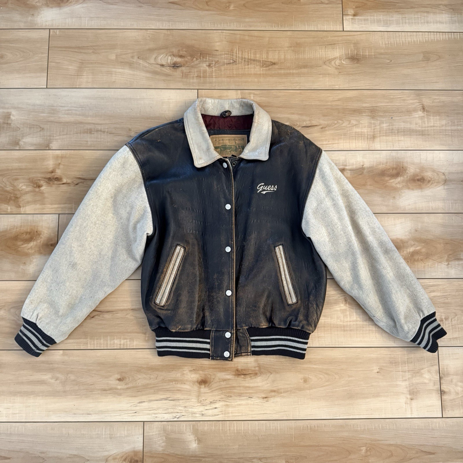 Vintage Guess Leather Bomber Varsity Jacket Men's M Embroidered Logo Red Brown image 2