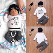 3PCS Newborn Baby Boys Bodysuit Jumpsuit Romper Pants Hat Clothes Outfits Set