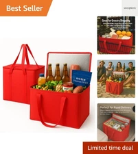 2-Pack XL-Large Insulated Grocery Shopping Bags, Red, Reusable, Heavy Duty, Z...