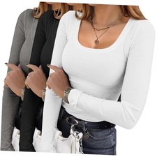 Womens 3 Pack Long Sleeve Shirts Square Neck X-Small Black/White/Light Grey