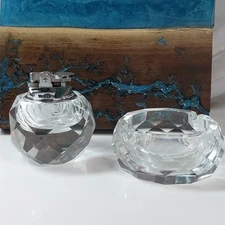 VTG Smoking Set Crystal Ashtray & Table Lighter JAPAN Cigars Cigarettes Blunts