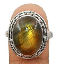 Natural Golden Fire Labradorite 925 Solid Sterling Silver Ring Sz 6,