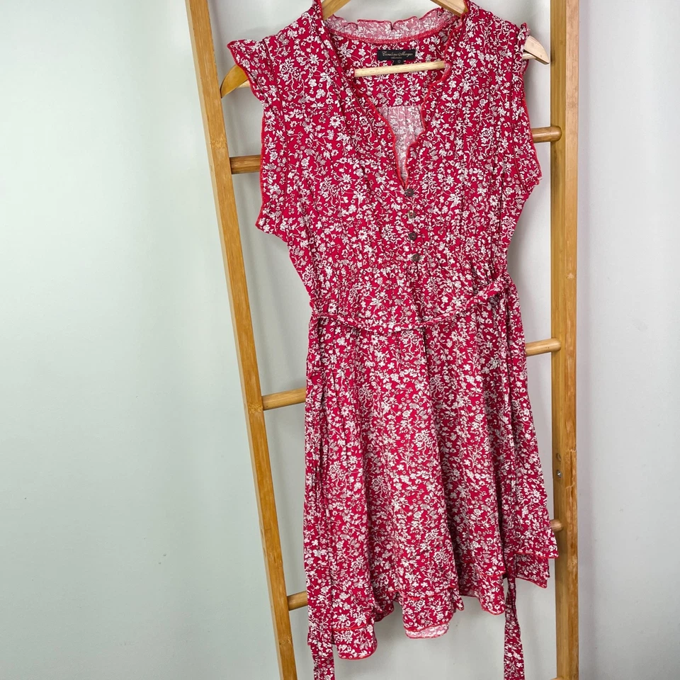 Caroline Morgan Dress Womens 12 Red Floral Ruffle Trim Flutter Sleeve V-Neck - image 2 of 4