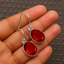 Natural Garnet 925 Sterling Silver Oval Sleek Bezel Drop Earrings Handmade Women