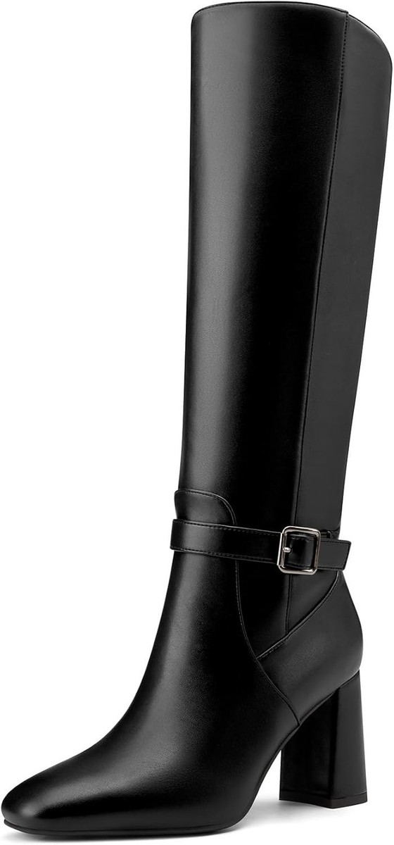 Saekcted Womens Chunky Block Mid Heel High Square Toe Knee