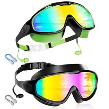 Kids 2 Pack Wide View Swim Goggles, Anti-Fog/UV No Leak Goggles with Ear Plugs