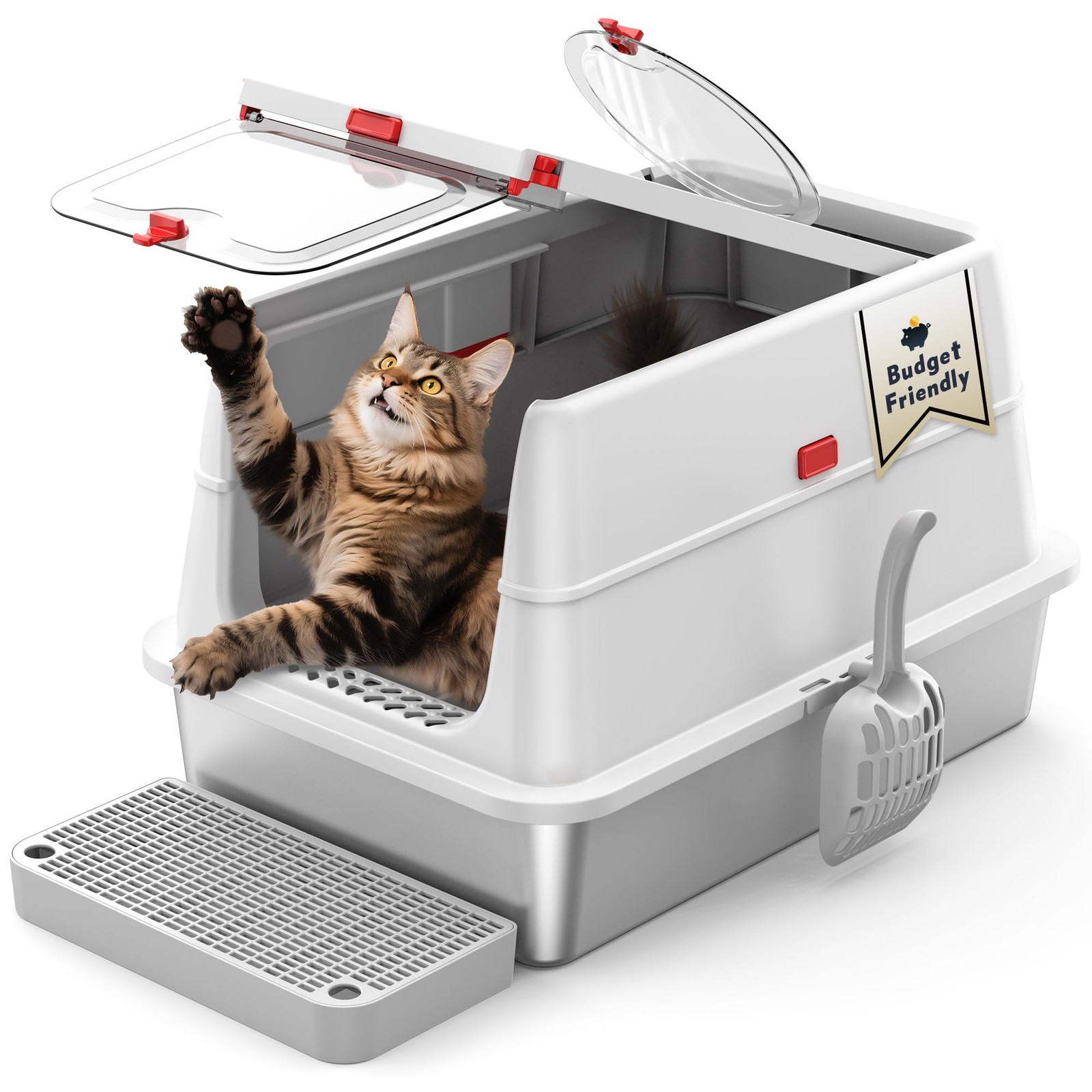 Stainless Steel Litter Box: Enclosed Cat Litter Box with Flip Lid Self Cleani...