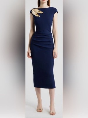 NEW Chiara Boni La Petite Robe Metallic Feather Blue Notte Dress sz 48 12