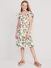 Old Navy Girls 14/16 XL Floral Midi Dress, Short Flutter Sleeves, Smocked Back