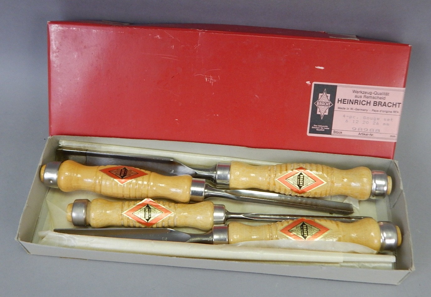 New NoS Bracht Germany Vintage 4pc Gouge Firmer Wood Chisel Set 6-26mm