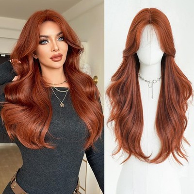 Auburn Red Long Curly Wavy Curatain Bangs Wigs Natural Reddish Brown Party Wigs