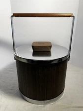 Vintage 1960s MCM Ice Bucket Faux Wood Chrome Atapco USA Barware Mid Century