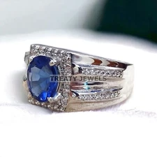 Blue Sapphire Oval Cut Gemstone With 925 Sterling Silver Ring For Men's #358