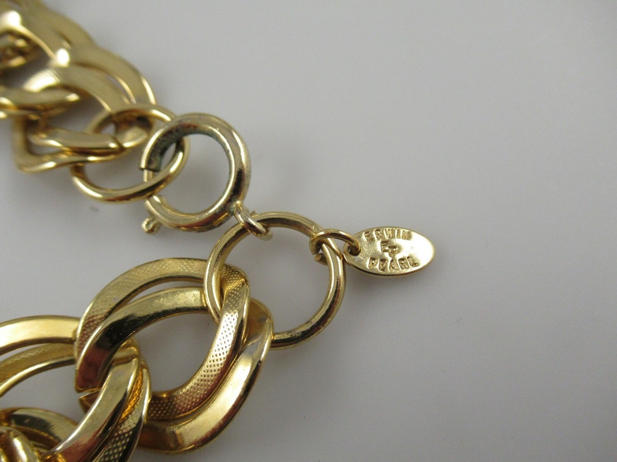 Signed Erwin Pearl Gold Tone Double Link Necklace 29-1/2