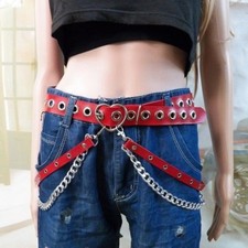 Women Steampunk Belt PU Metal Waist Chain Club Dance Gothic Rock Grunge Black