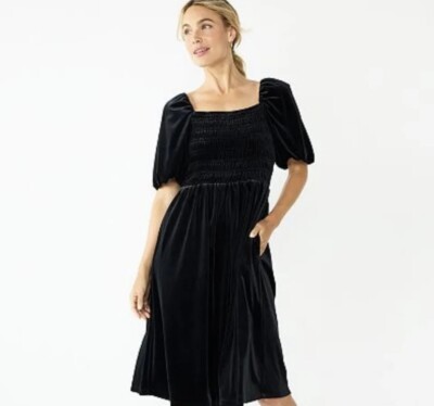 black skater dress with pockets Draper James Black Velvet Puff Sleeves Smocked Skater Dress with Pockets  sz. XS