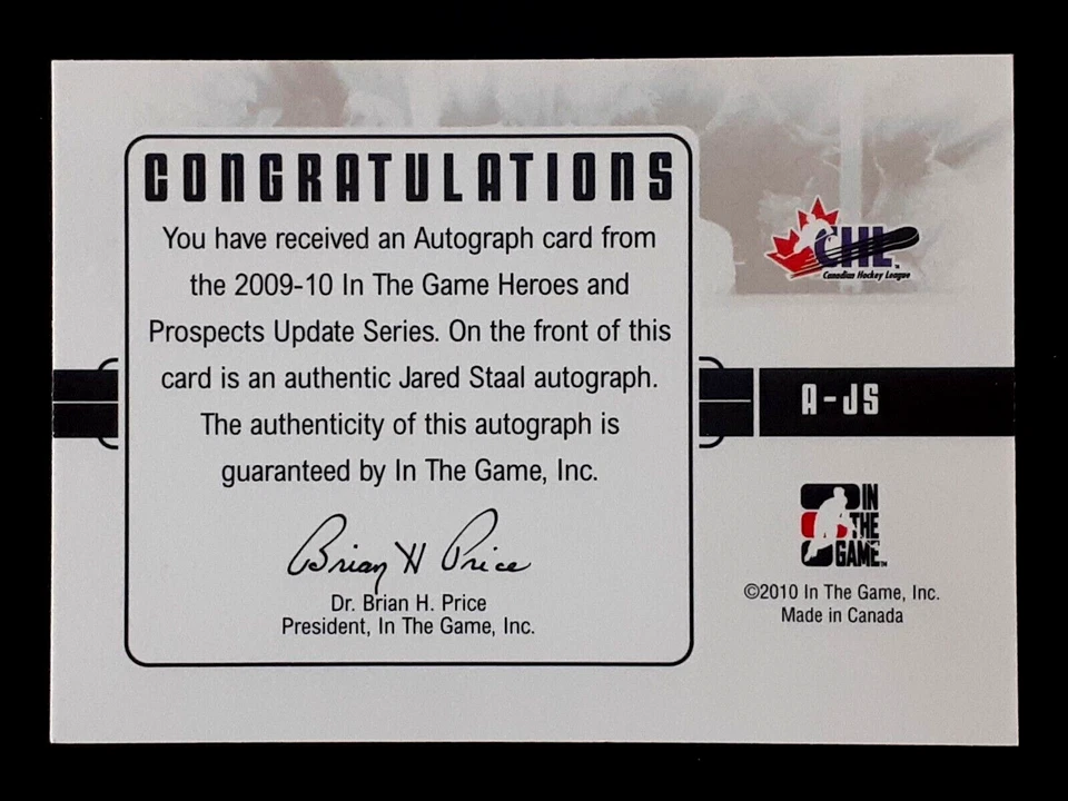 JARED STAAL 2009-10 ITG HEROES AND PROSPECTS AUTOGRAPHS 09-10 NO A-JS       3496 - Image 2 of 2