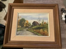 vintage original oil painting Vera Newman Ontario Canada country road Barn Fall