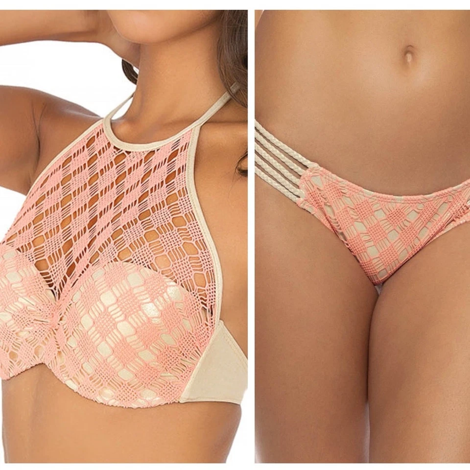Luli Fama 2-Teiler Bikini Medium Häkel Neckholder Oberteil Hipster Schwimmen Strand Urlaub