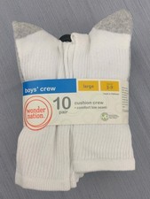 BOYS CUSHION CREW SOCKS LG 3-9 NEW WHITE 10 PAIRS Wonder Nation