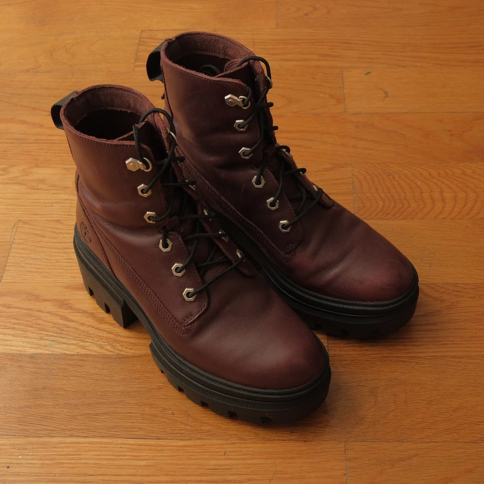 Timberland Women Burgundy Leather Lace Up Chunky Boots Size 8 Lug Sole Winter - Image 3 of 4