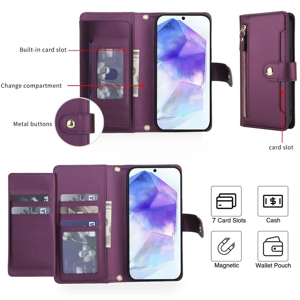 Shockproof Zipper Wallet Card Case Leather Flip Cover For Samsung Galaxy S25FE - Image 4 of 4