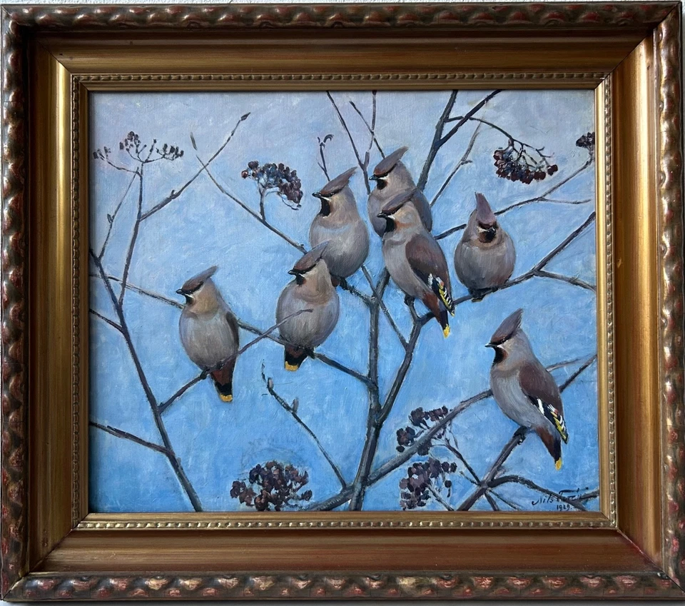 Ölbild 1929 Impressionist Ast mit Vögeln Bohemian Waxwing Seidenschwanz - Bild 2 von 4