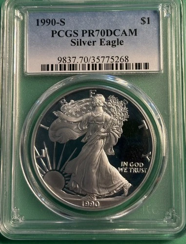 1990 S $1 Proof Silver American Eagle 1 oz .999 Fine PCGS PR70 DCAM, SPOT FREE