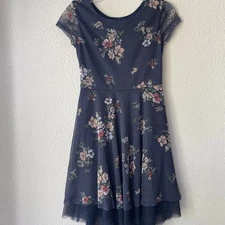 Amy's Closet Girls’ Blue Floral High Low Dress With Necklace Size 10