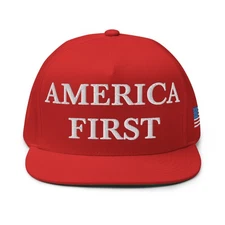 Blue America First Hat, Patriotic USA Flag Embroidered Structured Snapback Cap