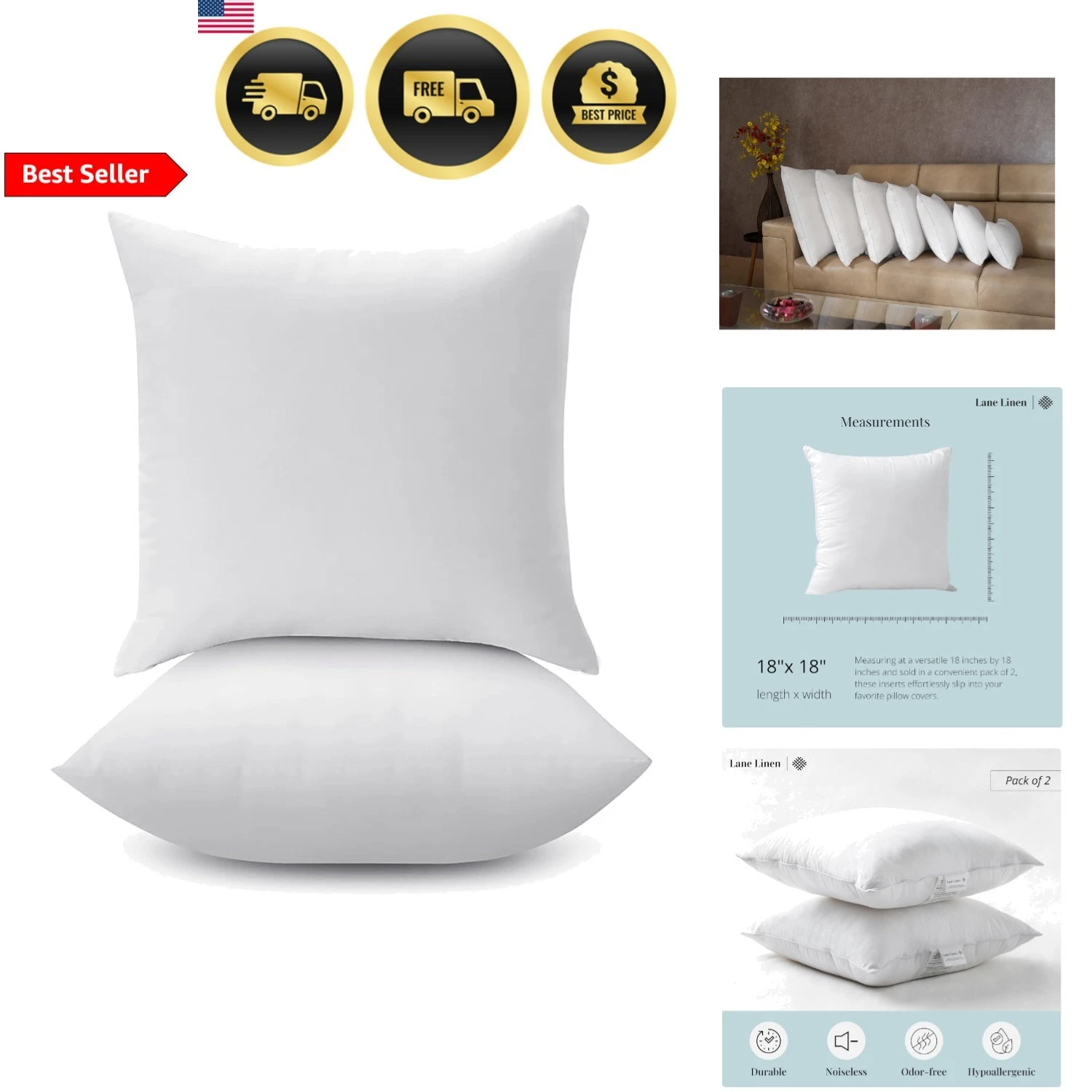 Pillow Insert 18x18 Inch Pack of 2 Down Alternative Cushion Supports Decor Pi...