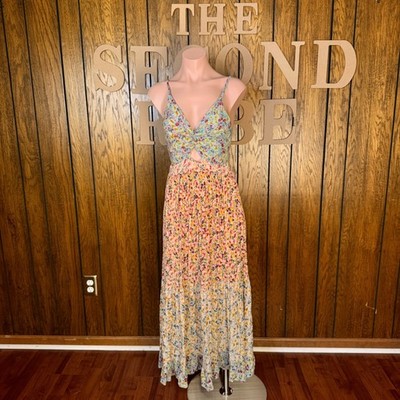 Angie Maxi Dress Womens Small Multicolor Floral Cutout Tiered Boho Fairy Cottage