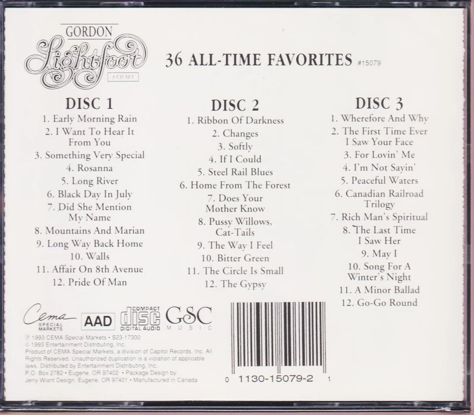 Gordon Lightfoot: 36 All-Time Favorites *New/Sealed 3CD Set* - Image 2 of 2