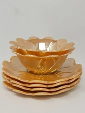 Lot of Anchor Hocking Fire King Peach Luster 4 Saucer & 2 Fruit Bowls Ruffle