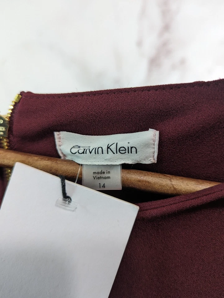 Vestido Calvin Klein Mujer 14 Grande Granate Manga Campana Tejido Tapiz Suroeste Foto 3 de 4