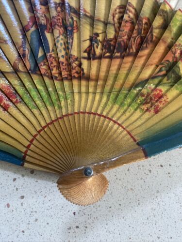 Antique Victorian Era Hand Fan Cloth Sandalwood Spanish Western Theme Free Ship - Picture 2 of 11